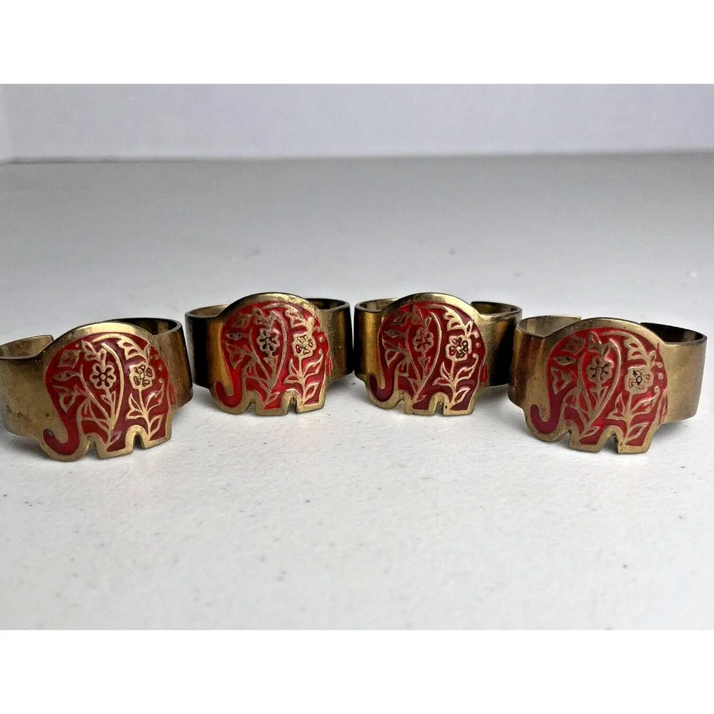 Vintage Brass Elephant Animal Napkin Rings Set Of 4 Marked India Gold Tone & Red